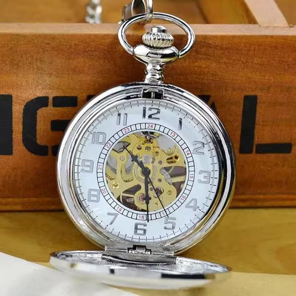Infinity Leather Antique Brass Alloy Skeleton Half Hunter Pocket Watch