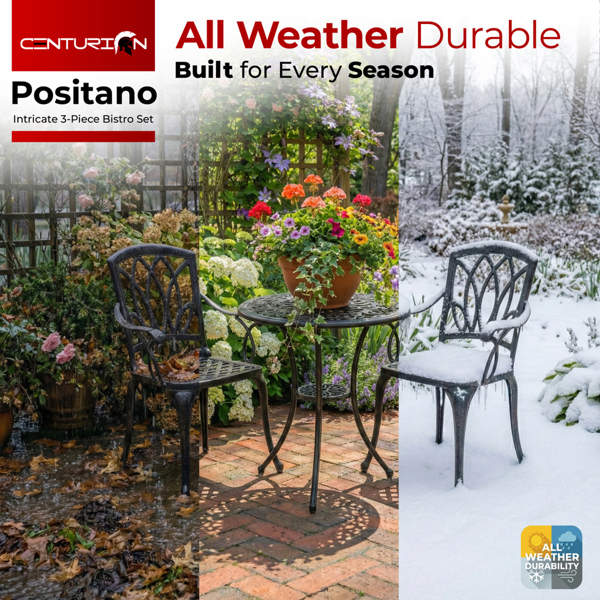 Centurion Supports POSITANO Garden and Patio Table and 2 Chairs Cast Aluminium Bistro Set - Black