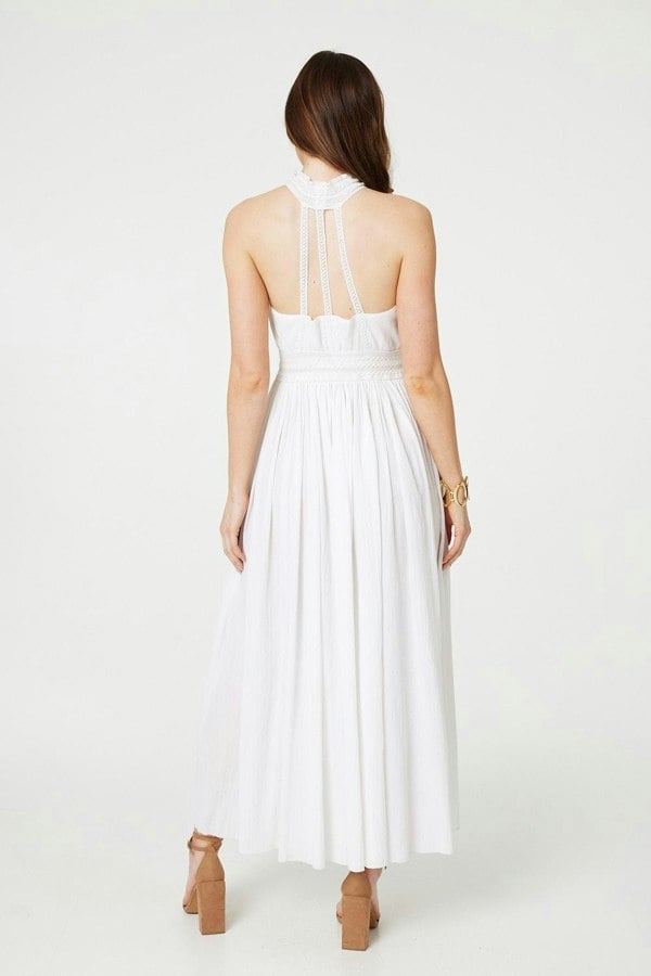 White | Embroidered Trim Halter Neck Maxi Dress
