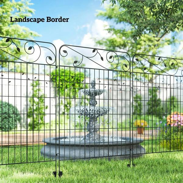 Black metal fence panel used as room divider, grid and scrollwork top along wall