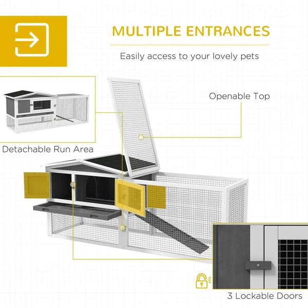 Grey rabbit hutch with detachable run area, openable top, and multiple lockable doors