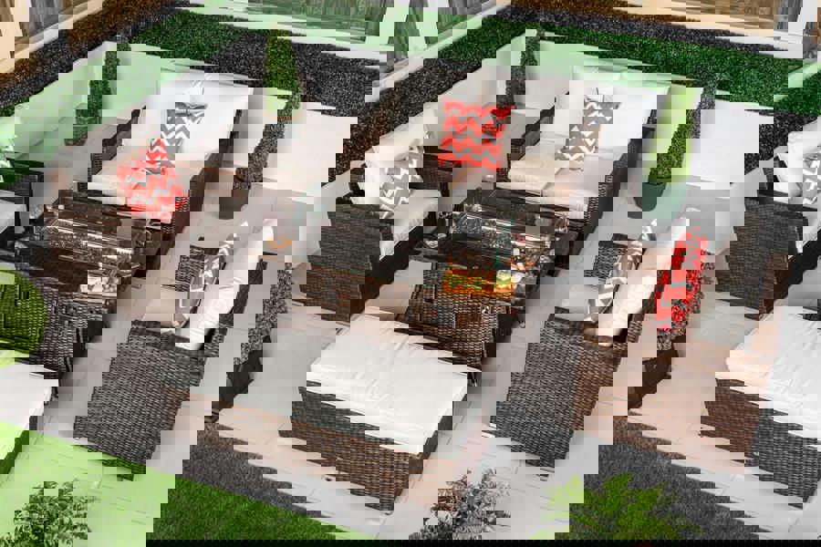 Giardino Sydney Loveseat Sofa Rattan Garden Furniture Outdoor Lounge Set with Arm Chairs, Fire Pit Coffee Table & Bench