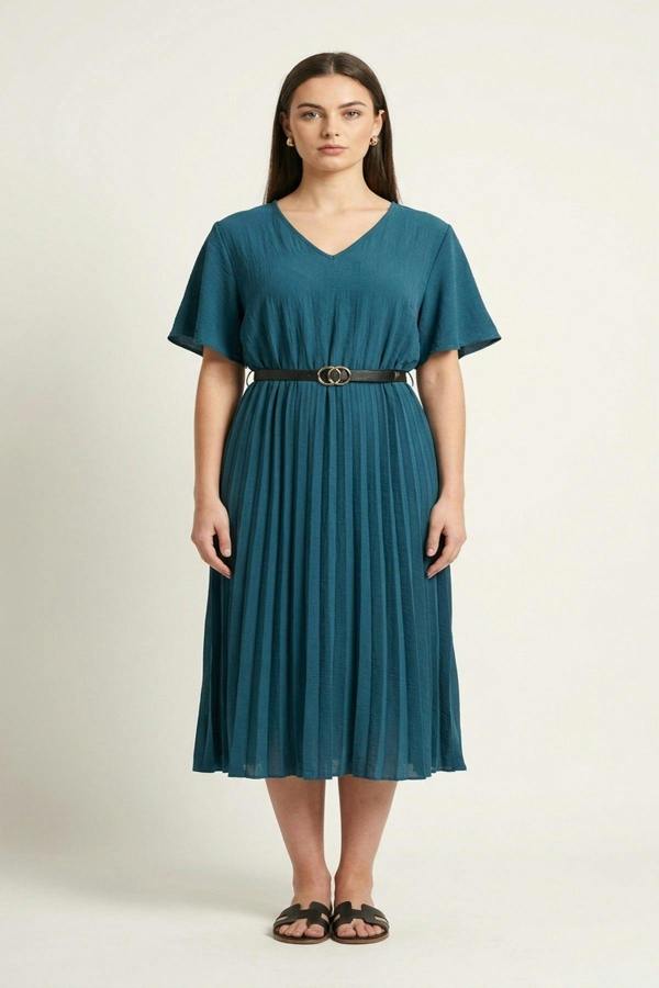 Elidi Short Sleeve Pleated Midi Dress With Waist Belt - Petrol