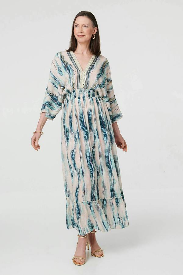 Blue | Printed 3/4 Sleeve Empire Maxi Dress