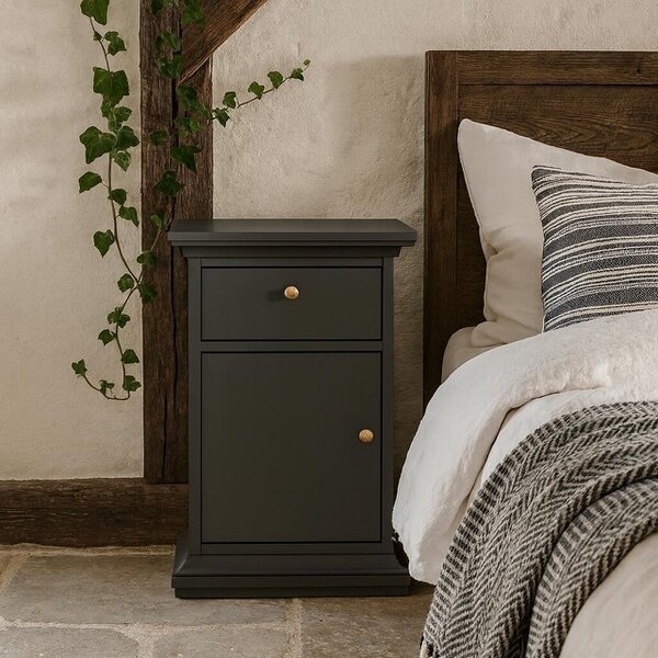 Wyld Haus Osaka Farmhouse Dark Grey Wooden Bedside Table 1 Door 1 Drawer