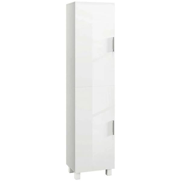 White freestanding tall bathroom cabinet with double doors and metal handles