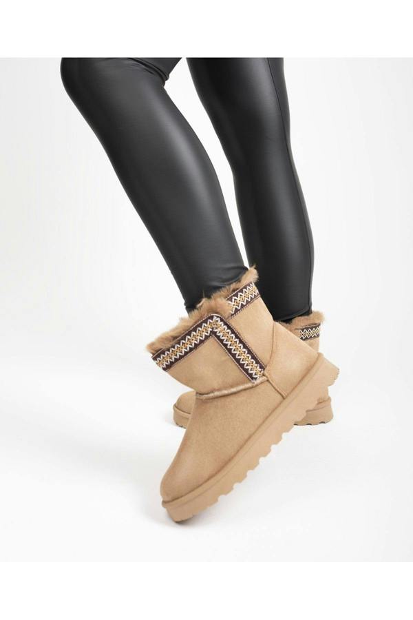 Malira Faux Suede Fluffy Lined Ankle Boots With Stitch Trim - Khaki