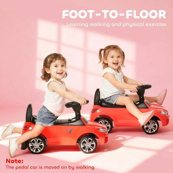 Red ride-on car walker with two seated children, black steering handle, shiny wheels