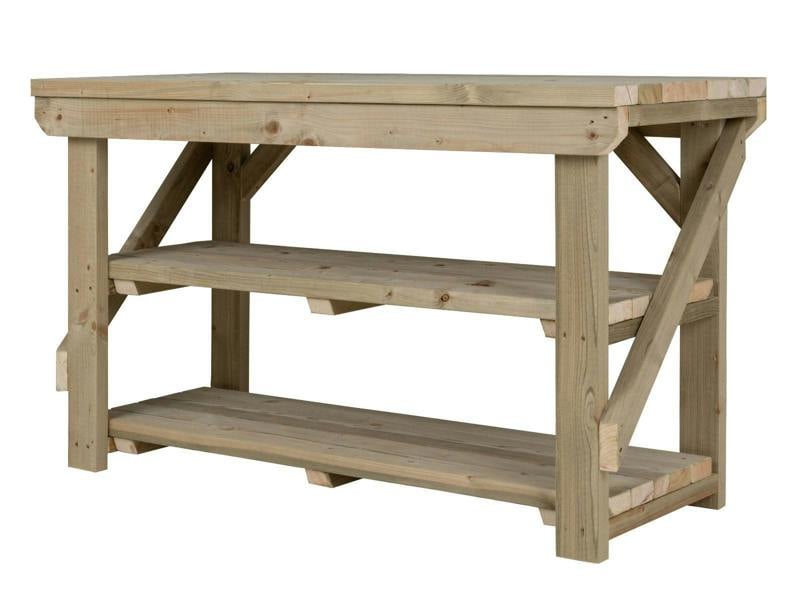 Indoor/Outdoor Pressure-Treated Double Shelf Workbench, a robust and versatile solution for all your workspace needs. Handcrafted in the UK, this workbench is constructed from high-quality, pressure-treated timber, ensuring durability and resistance to the elements, making it suitable for both indoor and outdoor use.