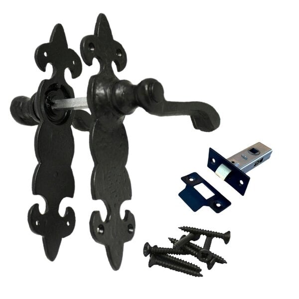 EDH Door Hardware Black Cast Iron Fleur-de-Lys Door Handles – Lever Latch, Bathroom Lock & 3 Lever Lock Sets - Latch Handle + Tubular Latch