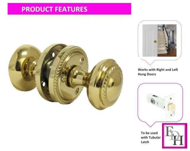EDH Door Hardware Brass Plated Round Door Knob Set Including Tubular Latch - Georgian Style Sprung Internal & External Door Knobs