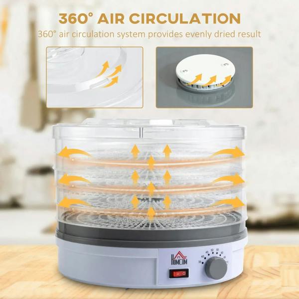 5-tray food dehydrator with transparent lid and airflow arrows above clear trays
