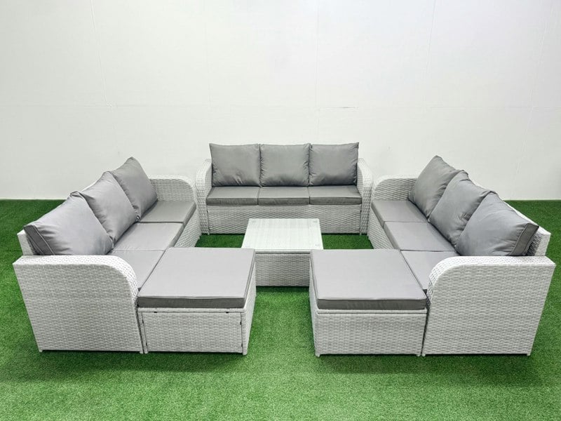 Fimous PE Rattan Lounge Sofa Set 11 Seater Outdoor Garden Furniture Set with Square Coffee Table 3 Seater Sofa 2 Big Footstools Light Grey