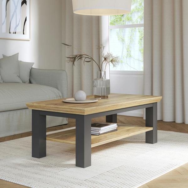 Furniture To Go Pontypool Large Rectangular Coffee Table with Shelf in Grey and Mauvella Oak