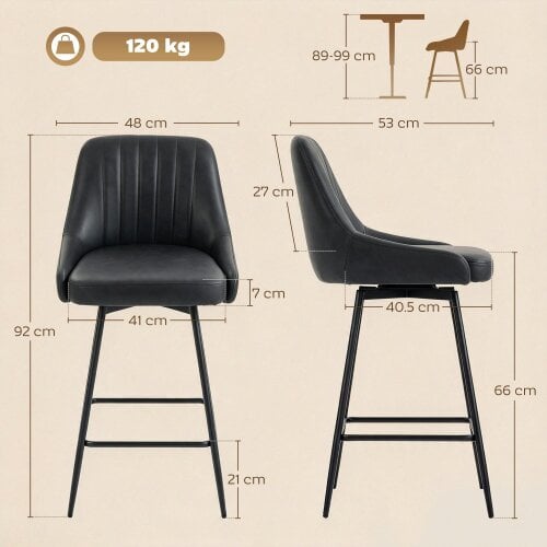 HOMCOM Vintage Bar Stools Set of 2, PU Leather, Footrest, Dark Grey