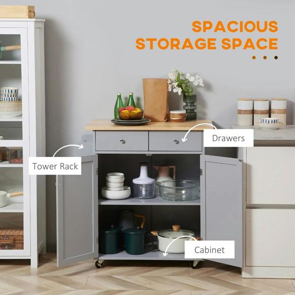 Grey kitchen island cart with open cabinet shelves, drawer, and towel rack.