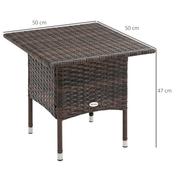Brown woven rattan-style side table with square top, side label, and 4 legs