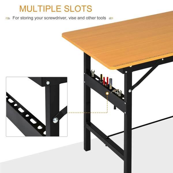 Work bench with orange MDF top and black frame, side tool slots and hook panel