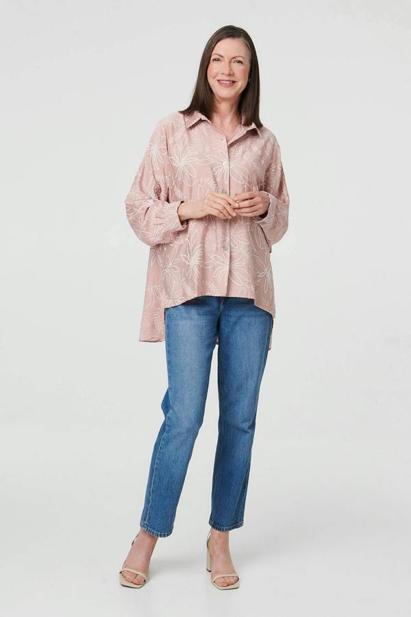 Pink | Leaf Print Long Sleeve Curve Hem Shirt