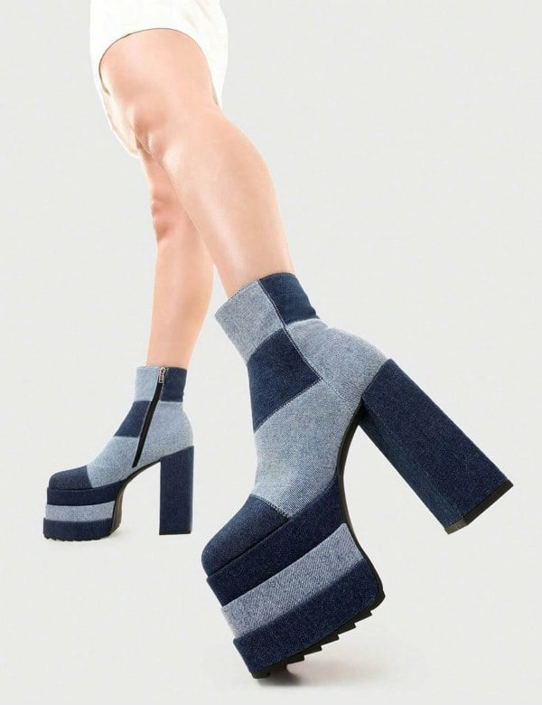 Lamoda Chunky Ankle Boots Hot Topic Round Toe Platform Zip Denim, Bold Boots