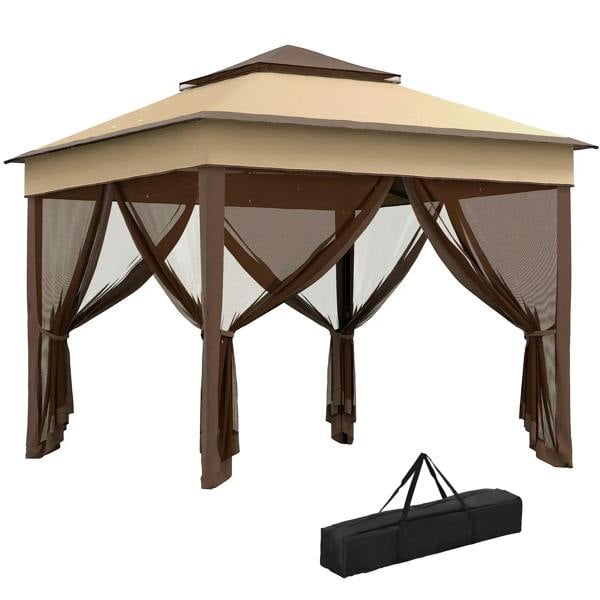 Beige pop-up gazebo with dark brown canopy and hanging side curtains, includes carry bag