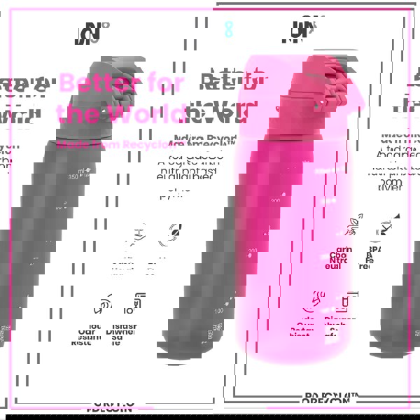 A pink water bottle sits against a white background. It's made from a plant-based polymer, is BPA-free, dishwasher safe, and carbon neutral. The bottle displays volume markings.