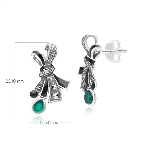 Art Nouveau Style Marcasite, Chalcedony and Black Enamel Ribbon Bow Stud Earrings in Sterling Silver 214E935801925 Dimensions