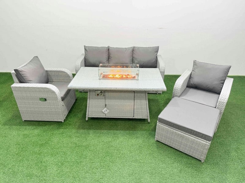 Fimous PE Rattan Garden Furniture Set Reclining Chair Sofa Lounge Sofa Set Fire Pit Dining Table Big Footstool Light Grey