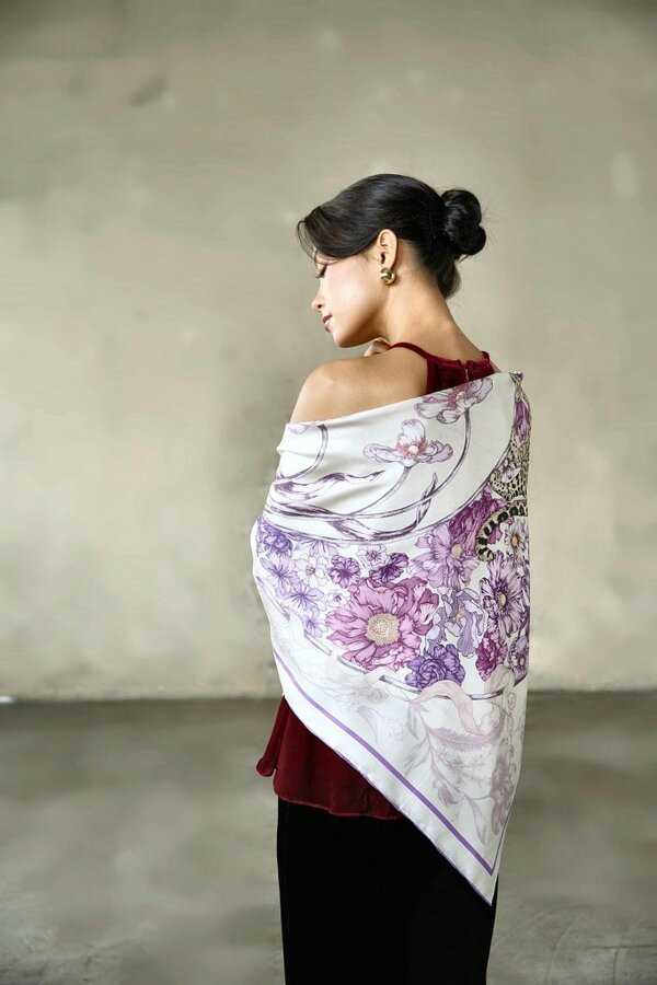 Lilac & Violet Leopard Twill Silk Scarf – Printed Mulberry Silk, Gift for Her