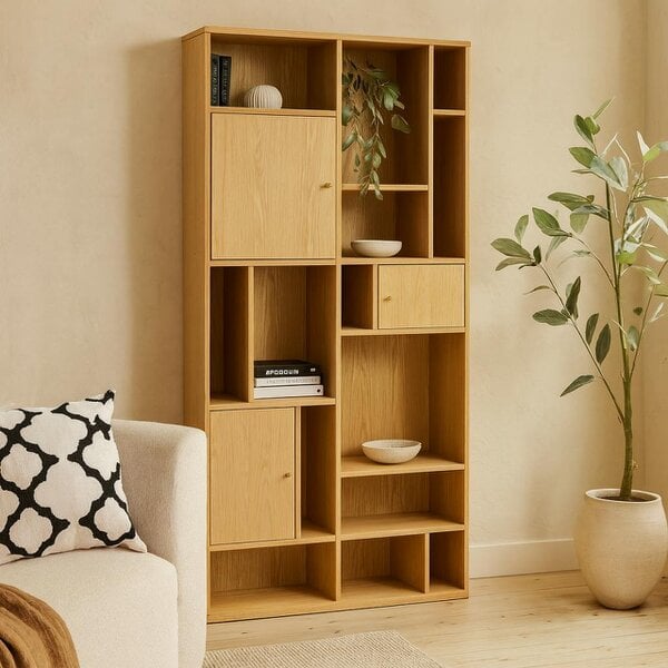 Wyld Haus Thallo Oak Wood 3 Door Multi Level Large Bookcase