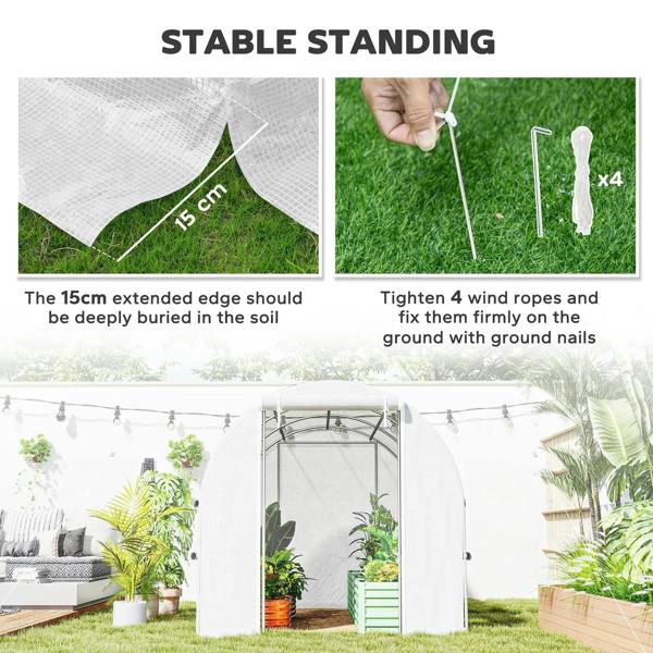 White polytunnel greenhouse with extended edge and wind rope ground anchors