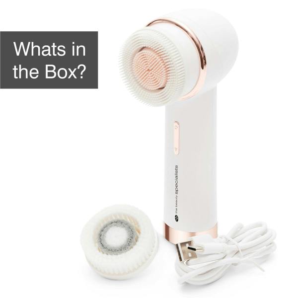 The PURE CLEANSE Deep Cleansing & Exfoliating Facial Brush by Rio the Beauty Specialists comes in white and rose gold, includes an extra brush head and USB charging cable. Gray box text: Whats in the Box? – your new skincare essential.