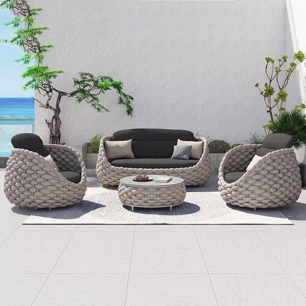Marbella Textilene Rope Woven Outdoor Sofa Set, Grey-Weilai Concept-Weilai Concept