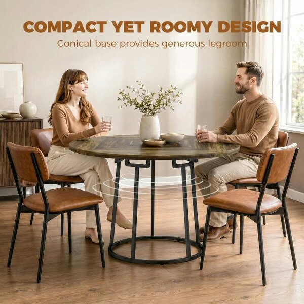 Dining Table Space Saving Kitchen Table Spliced Tabletop Conical Metal Base 120 cm Round Rustic Brown