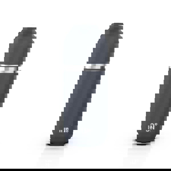 A sleek dark gray insulated bottle stands upright featuring a silver band in the middle on a plain white background with "ION8" printed at the bottom.