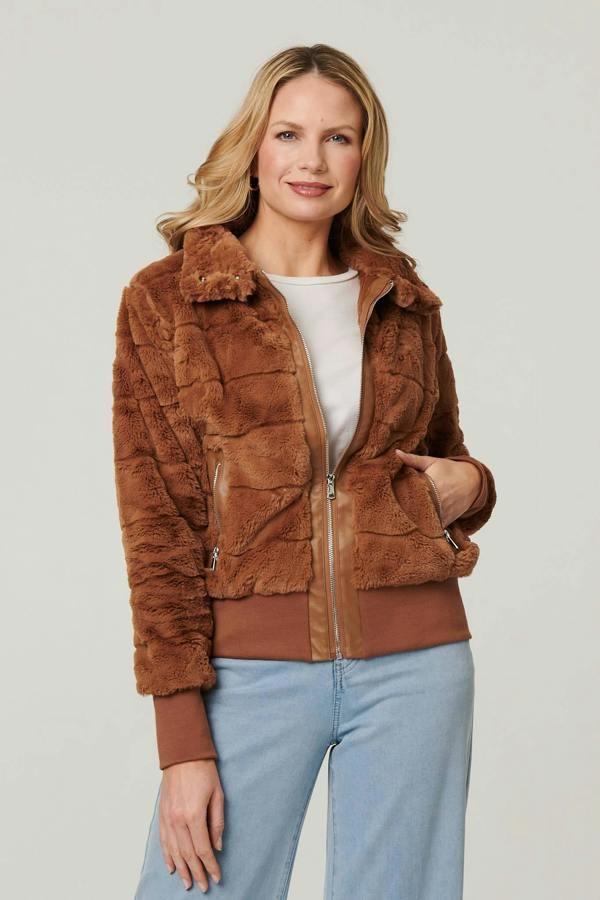 Brown | Faux Fur Zip Front Jacket