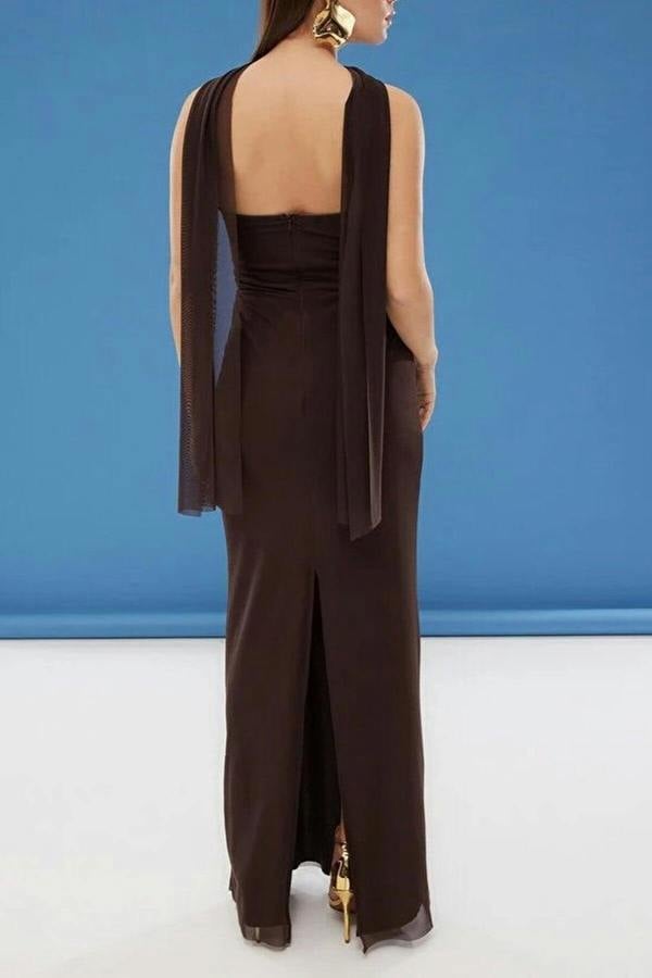 WOVCOR Tulle Knit Maxi Evening Dress with Shawl Detail