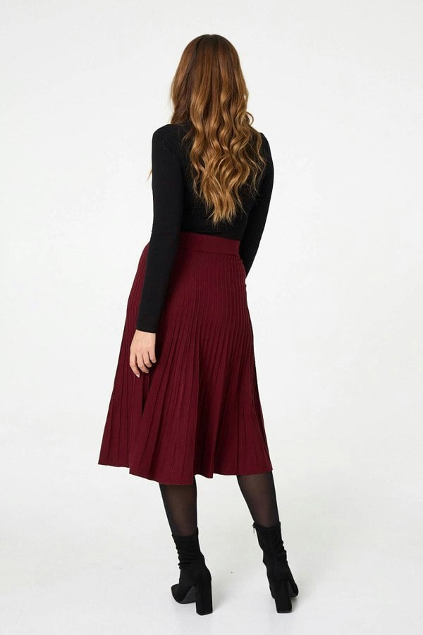 Red | High Waist Pleated Knit Midi Skirt
