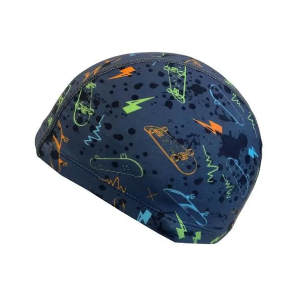 Navy blue Simply Swim junior fun patterns Lycra swim cap with colorful abstract designs