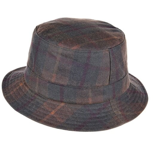 Heather Hats & Accessories Water Resistant Waxed Cotton Bucket Hat, Checked Cotton Lining, Outdoor Wear, Hunter Brown