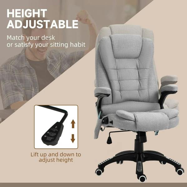 Light grey fabric office chair with height adjustment lever and padded armrests