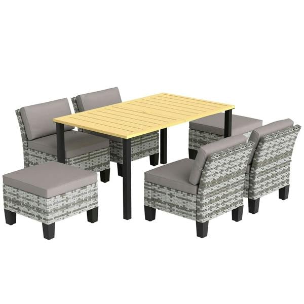 Seven-piece dining set with grey padded chairs and slatted square tabletop