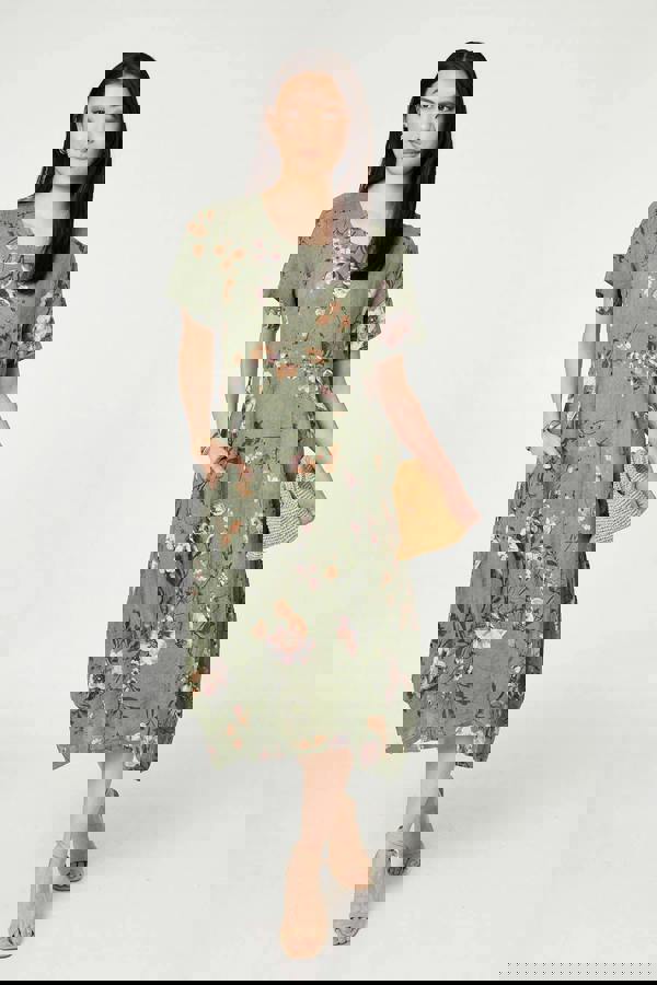 Khaki | Floral Short Sleeve Oversized Midi Dress