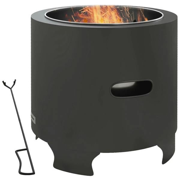 Round black metal fire pit stove with side poker and large top opening