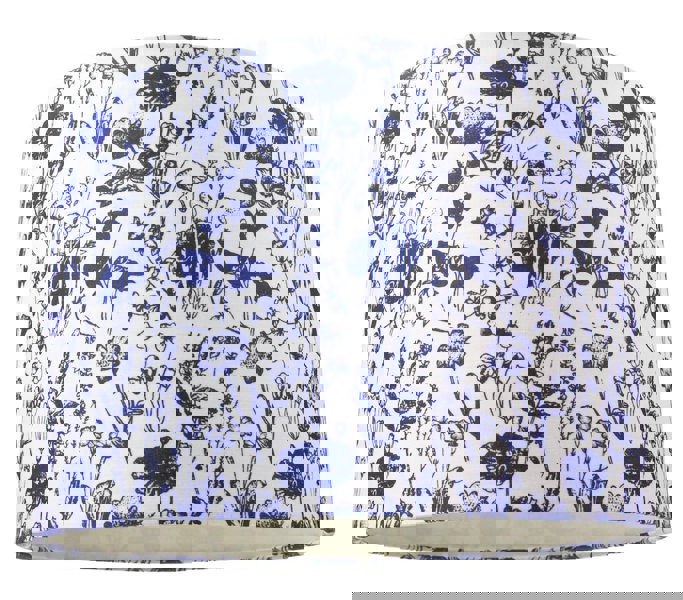 White Cotton 12" Drum Lamp Shade with Blue Floral Decoration and Inner Lining Image 1