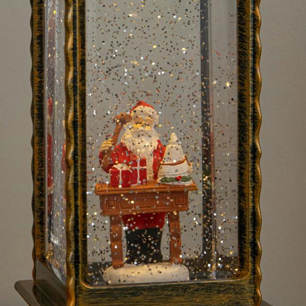 Samuel Alexander 27cm Dual Powered Antique Gold Santa Workshop Christmas Water Spinner Lantern with LEDs