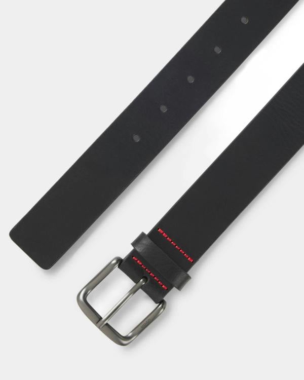 HUGO Geffrey Mens Italian-Made Belt in Buffalo Leather with Logo Buckle - Black 001 | CHO | Designer Mens Belts
