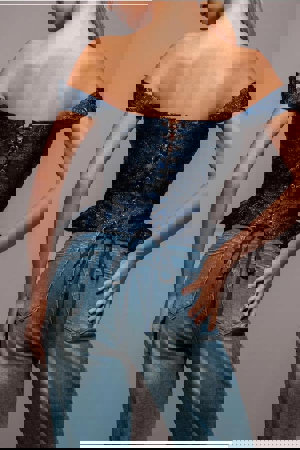 Sleeveless Jacquard Lace Up Back Corset - Navy Blue T265