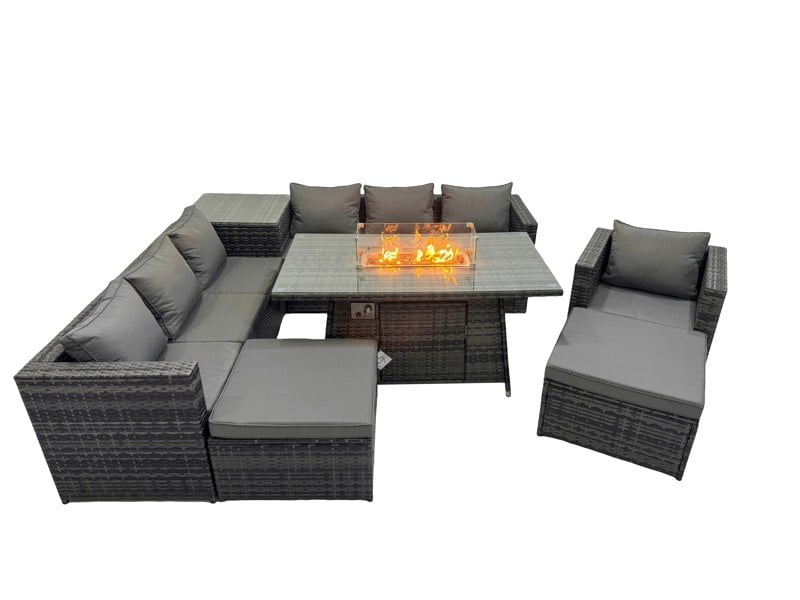 Fimous 9 Seater Garden Outdoor Rattan Furniture Set Patio Corner Sofa Gas Fire Pit Dining Table with Side Table 2 Big Stools Dark Grey