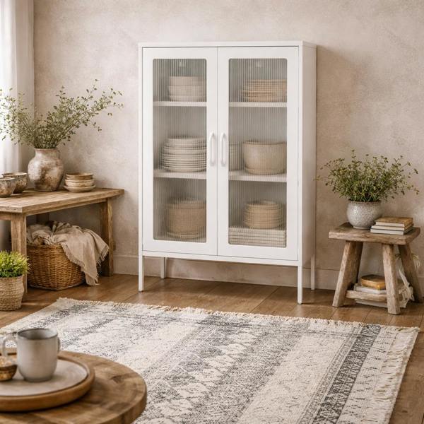 Wyld Haus Bramblewood White Metal Steel Cabinet 2 Glass Door 3 Shelves